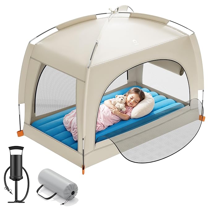 QPAU Inflatable Toddler Travel Bed with Tent – Lightweight Blow Up Kids Air Mattress with Hand Pump – Indoor & Outdoor Portable Sleeping Solution for Camping, Travel, Home, Grandma’s – Ages 3+
