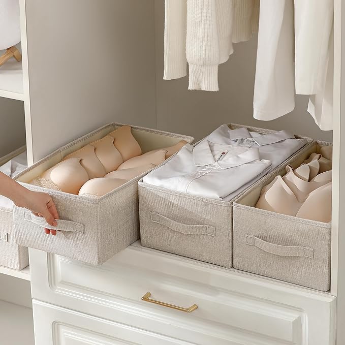 Linen Folding Storage Bins, 3 Pack Large Storage Baskets, Washable, Clothing Storage Bins with Handle, Closet Organizer for Storage Sweater,Sheets (Beige, 16"x9½"x6¾")