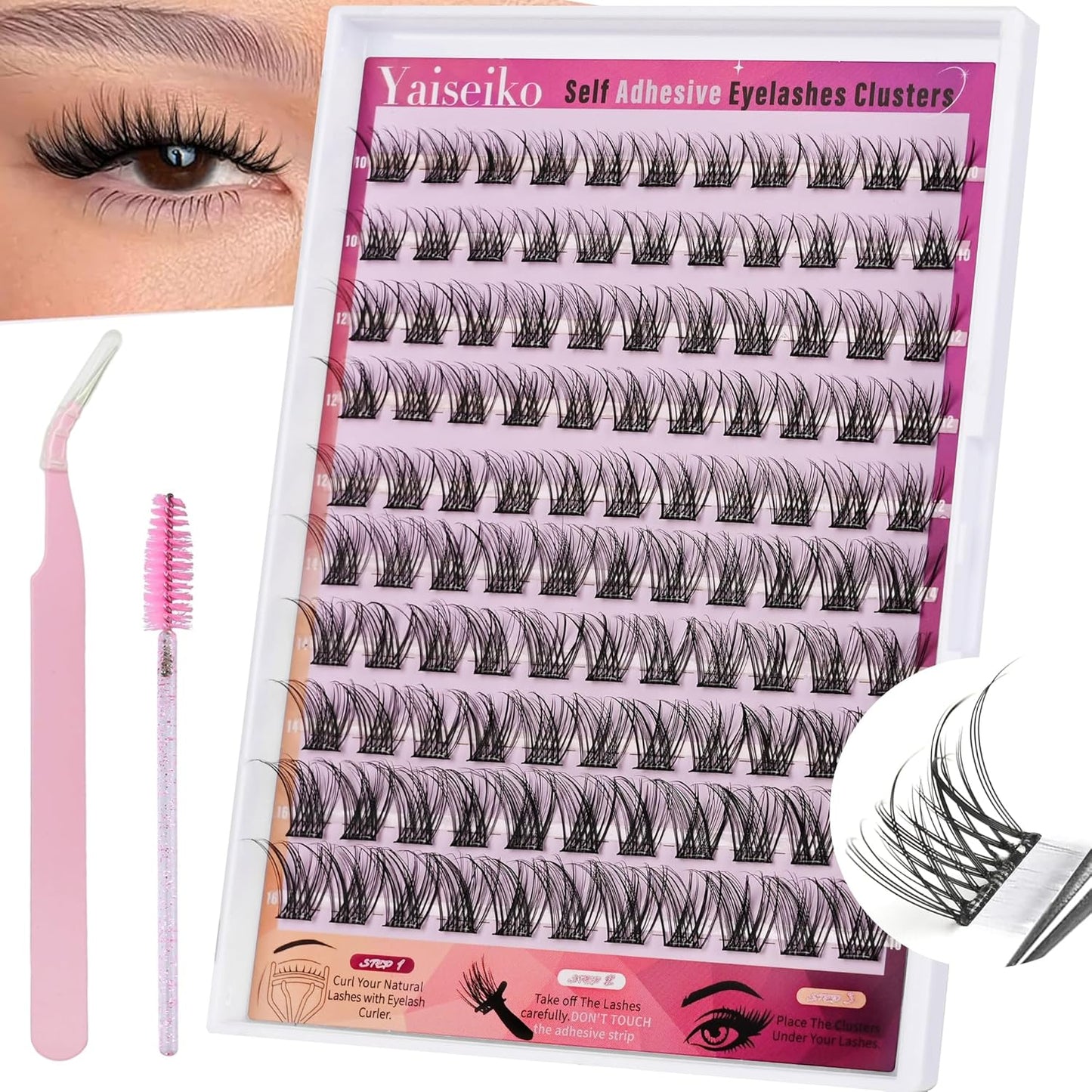 Self Adhesive Eyelashes Clusters Kit Lash Clusters DIY Eyelashes Pre Glued Lashes Extensions No Glue Needed lash Clusters D Curl Individual Lashes(A02,10-16mm,110Pcs)