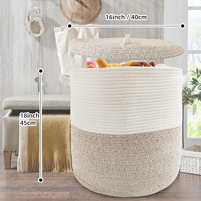Large Storage Basket with Lid 60L, 16"Wx18"H Woven Laundry Hamper Basket with Handle, Room Decor Cotton Rope Wicker Basket Toy Organizer Bins for Clothes Blankets Pillows, Beige/White Mix includes Lid