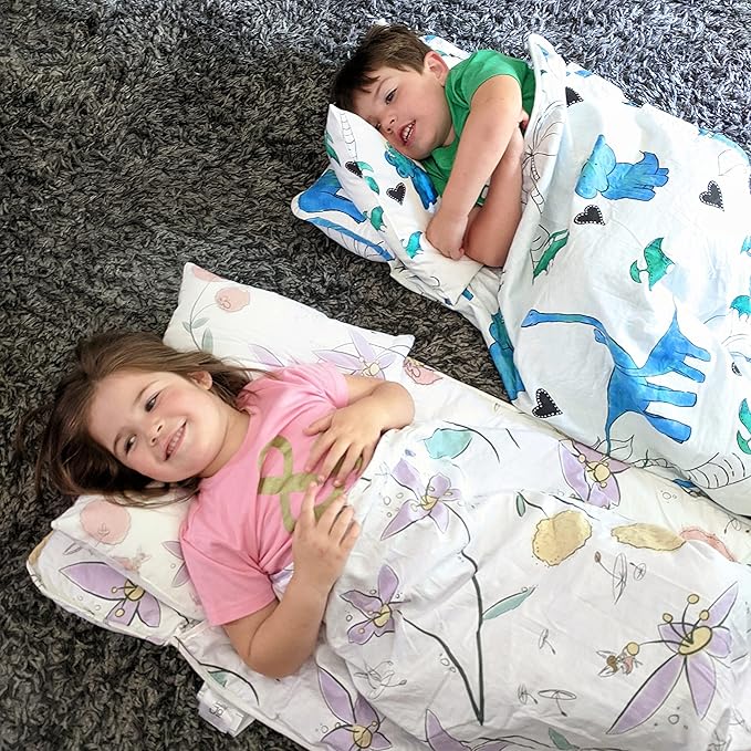 JumpOff Jo Nap Mat for Kids - Cozy Kids Rest Mat with Removable Pillow and Ultra Soft Blanket for Preschool, Daycare, and Sleepovers - Fairy Blossoms