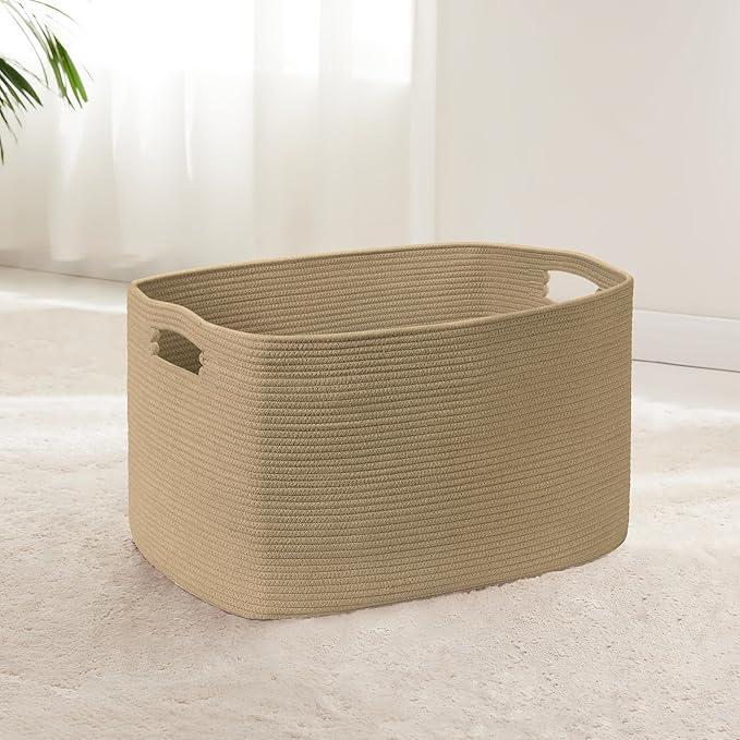 45L Small Wicker Laundry Basket for Living Room Storage,Cute Boho Woven Cotton Rope Baskets for Kids Toy,Gifts,Square Blanket Hamper for Bedroom Dirty Clothes,Jute