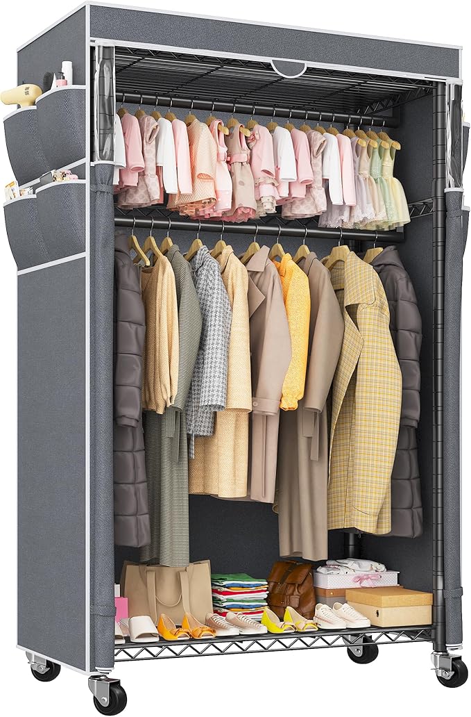 Raybee Rolling Clothes Rack with Cover Clothing Racks for Hanging Clothes Heavy Duty Portable Closet with Wheels Garment Rack 35.5" W*15.7" D*79 "H Black