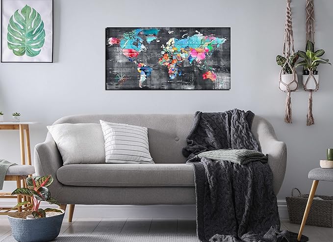 ZHAOSHOP Teal Bedroom Wall-Art - World Map Wall Decor - World Maps For Wall Ready To Hang Size 40" x 20"