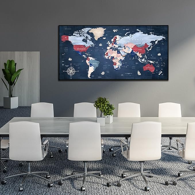 ZHAOSHOP World Map Wall Art for Living Room - Blue Wall Decor for Office - Large Framed Canvas Wall Art Ready to Hang Size 29" x 59"
