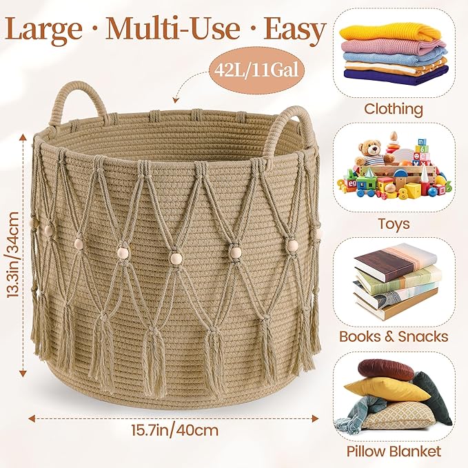 Blanket Basket for Living Room Decor Storage Basket for Toy Organizer Boho Decor Baskets for Modern Farmhouse Decor Small Laundry Basket for Bedroom and Laundry Room Organization,Beige