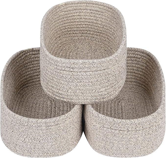 CubesLand Rectangle Organization/Storage Basket, Natural Cotton Rope Woven Baskets for Organizing, Small Basket for Kids, Baby Nursery, Cat Dog Toy Baskets, Organizer Bins for Shelves 3Pc Light Brown