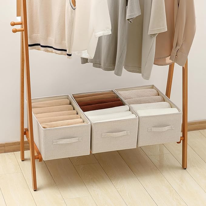Linen Folding Storage Bins, 3 Pack Large Storage Baskets, Washable, Clothing Storage Bins with Handle, Closet Organizer for Storage Sweater,Sheets(Beige, 18½"x11" x8½")
