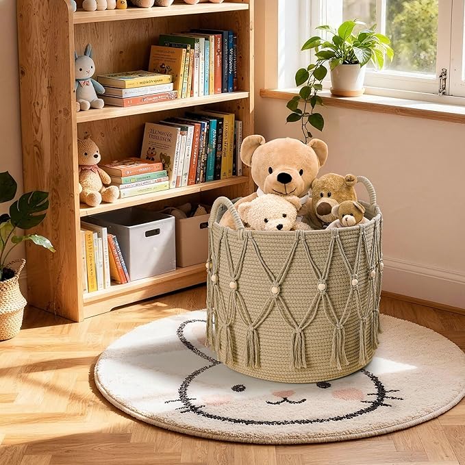 Blanket Basket for Living Room Decor Storage Basket for Toy Organizer Boho Decor Baskets for Modern Farmhouse Decor Small Laundry Basket for Bedroom and Laundry Room Organization,Beige
