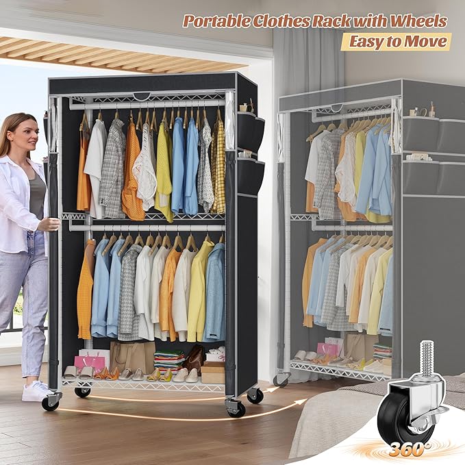 Raybee Rolling Clothes Rack with Cover Clothing Racks for Hanging Clothes Heavy Duty Portable Closet with Wheels Garment Rack 35.5" W*15.7" D*79 "H White