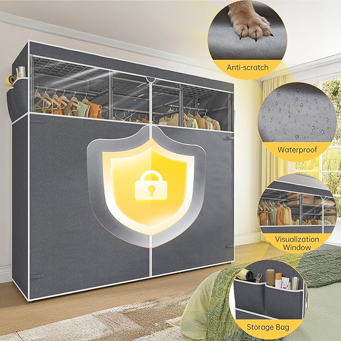 Raybee Clothes Rack with Cover,Portable Closet Heavy Duty,Metal Clothing Racks for Hanging Clothes Adjustable for Bedroom 66.5" Wx15.75 Dx74.8 H Black