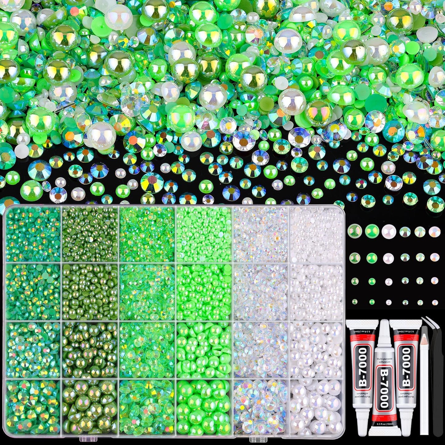 9000PCS Flatback Pearls and Rhinestones for Crafting, Green 3-10mm Resin Rhinestones and Half Pearls for Bedazzling, Nail Art and Dec with 3pcs B7000 Jewelry Glue, Tweezer and Pickup Pencil