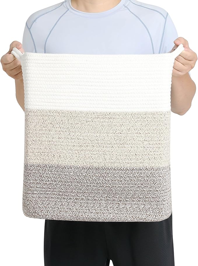 Tall Laundry Basket With Handles,Woven Cotton Rope Big Laundry Hamper Sorters,Versatile Storage for Dirty Clothes,Baby Toys,and Blankets in Bathroom, Nursery,and Living Room (Gradient Brown, 68L)