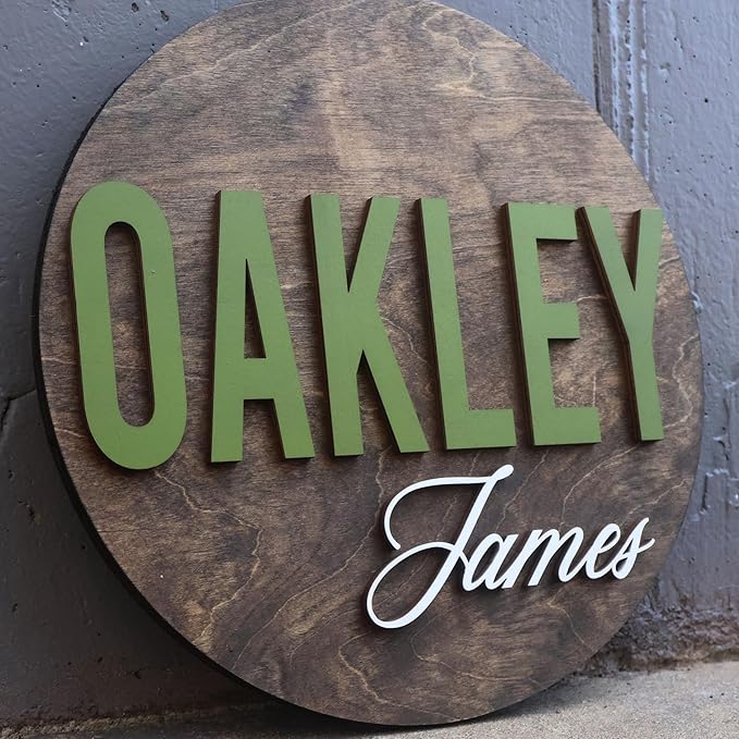 Custom Round Nusery Name Sign, Personalized 3D Baby Name Announcement Sign, Personalized Wooden Wall Plaque, 3D Wall Art for Children & Kids Rooms, Family Name Signs, 30 Colors (Design 10)