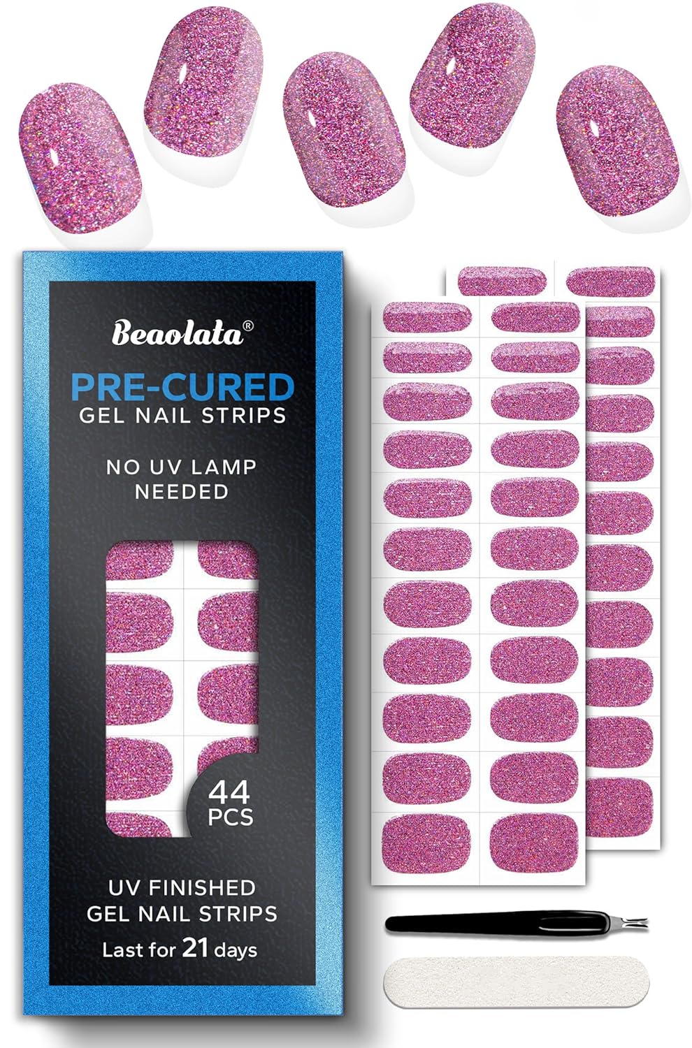 Pre Cured Gel Nail Strips - 44PCS Salon Quality Gel Nail Stickers - Long Lasting Polish Wraps for Women no UV Light Needed Easy Apply& Remove (Neon Pink)