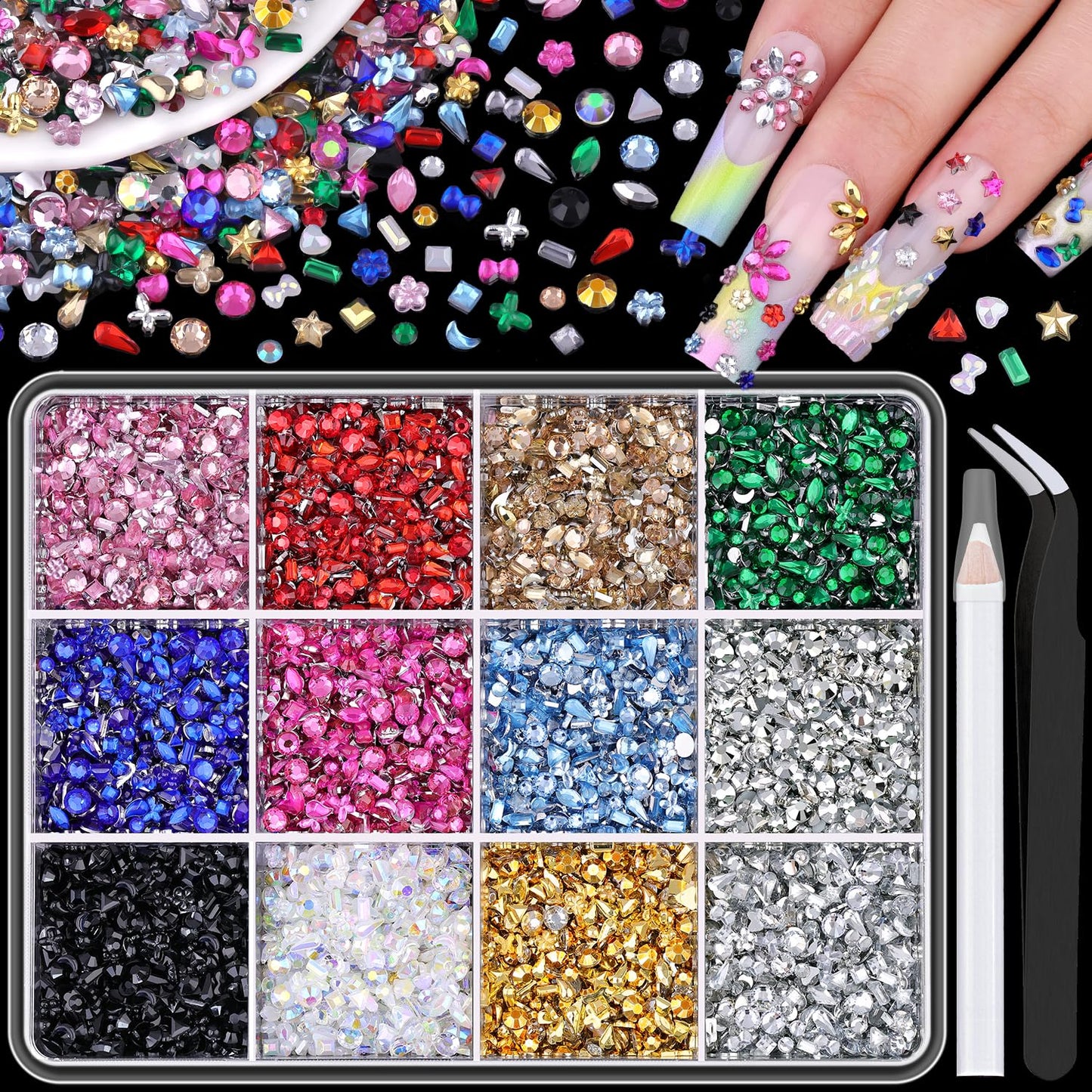 6360 PCS 2-3 MM Muliti Shape Colorful Rhinestones for Nail Art, 3D Resin Flatback Bedazzling Gems Mini Flower Bow Heart Star Butterfly, Kawaii Women Rhinestone Kit with Tweezers and Pickup Pencil