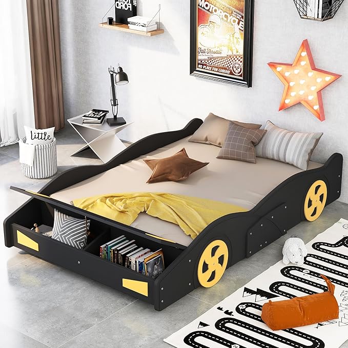 SOFTSEA Full Car Shaped Bed Frame with Storage for Boys Car Bed Frame with Storage, Wood Race Car Platform Bed with Wheels, No Box Spring Required, Black+Yellow