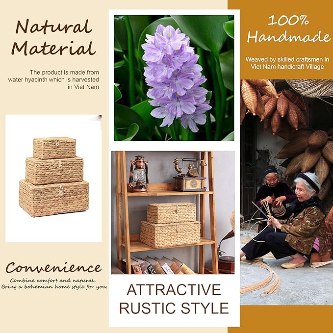 Set of 3 Wicker Storage Baskets with Lid, Large Rectangular Rattan Basket Decorative Boxes, Natural Water Hyacinth Wicker Basket for Shelf Organizer, Nursery Room