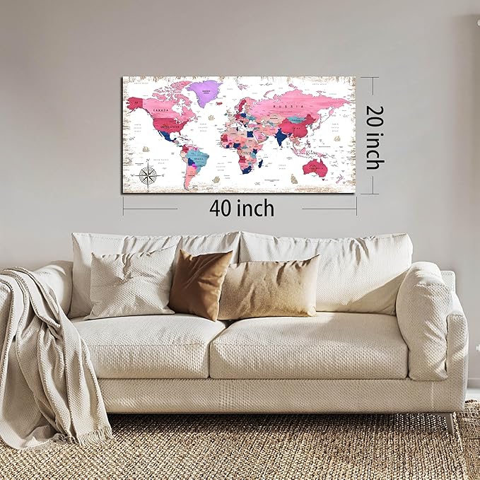 ZHAOSHOP Pink Pictures Wall-Decor - World Map Canvas Wall Art For Bedroom Girls - Wall Pictures For Living Room Decor Ready to Hang Size 40" x 20"