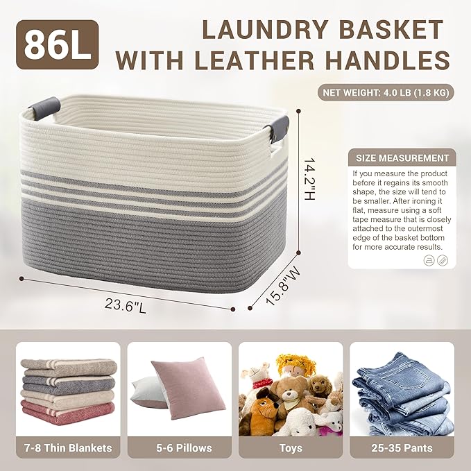 86L Extra Large Laundry Basket with Leather Handles for Living Room Storage, Woven Rope Baskets for Blanket, Kids Toy, Gifts, Wicker Hamper for Bedroom Dirty Clothes, 24"x16"x14" White Grey