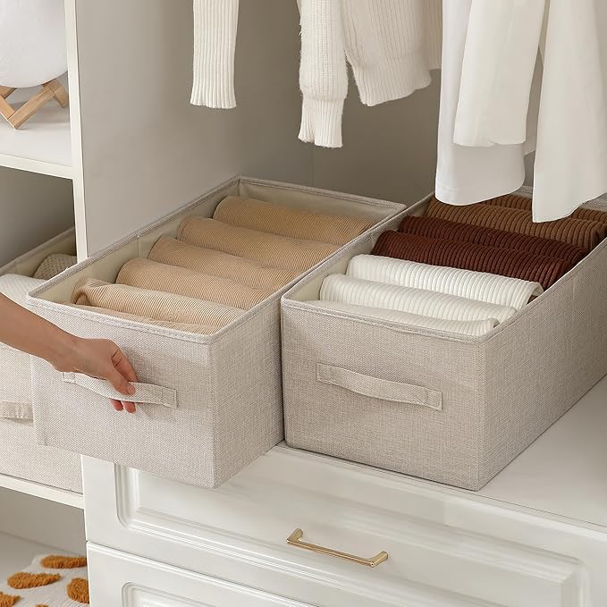 Linen Folding Storage Bins, 3 Pack Large Storage Baskets, Washable, Clothing Storage Bins with Handle, Closet Organizer for Storage Sweater,Sheets(Beige, 18½"x11" x8½")