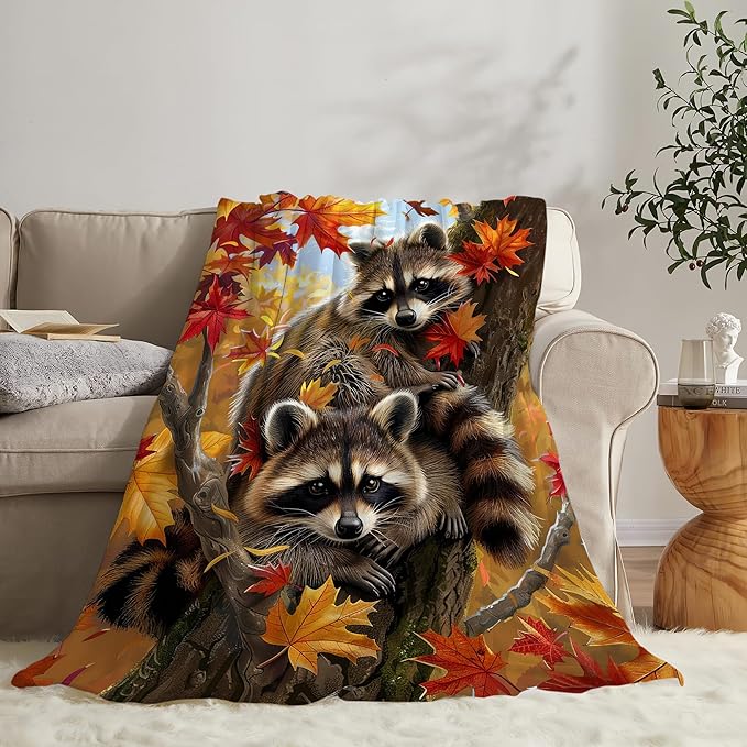 Raccoon Blanket Funny Raccoons Gifts for Girls Boys Woman Kids Raccoon Lover Maple Leaf Throw Blankets Soft Blanket Warm Fleece Flannel Plush Blankets for Bed Sofa Couch 60"x80"
