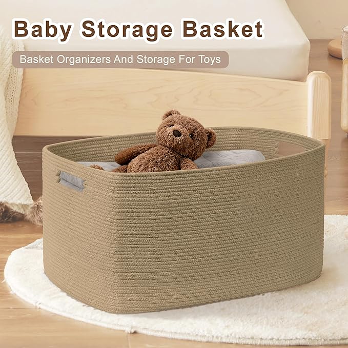 86L Large Wicker Laundry Basket for Living Room Storage,Boho Woven Cotton Rope Baskets for Kids Toy,Gifts,Square Blanket Hamper for Bedroom Dirty Clothes,Jute