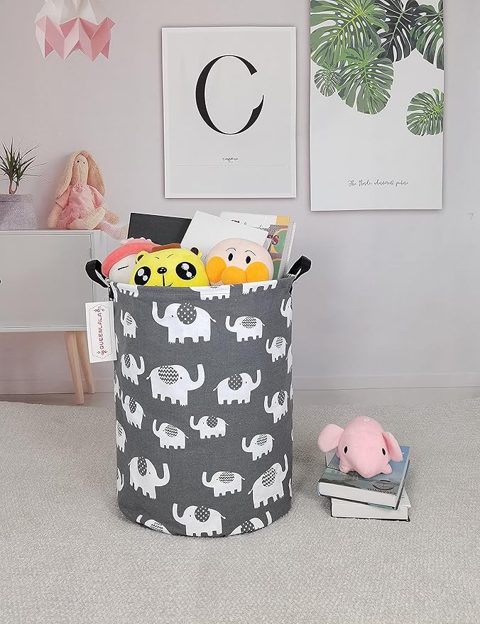QUEENLALA Large Storage Basket,Laundry Hamper/Bathroom/Home Decor/Collapsible Round Storage Bin,Boys and Girls Hamper/Boxes/Clothing(Round-Elephant)