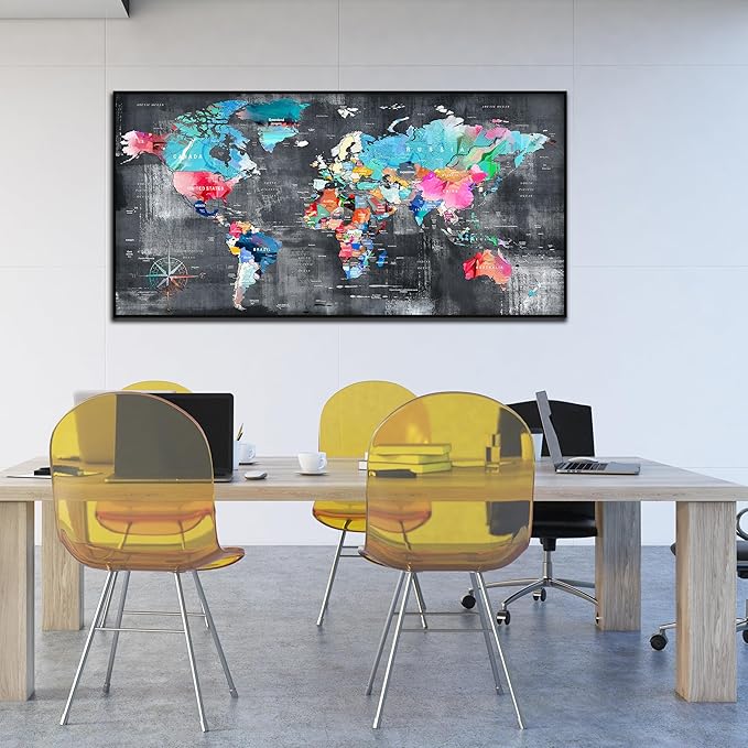 ZHAOSHOP World Map Canvas Wall Art with Frame - Office Artwork Wall Decor - Teal and Gray Wall Art for Living Room Large Size Ready to Hang Size 29" x 59"