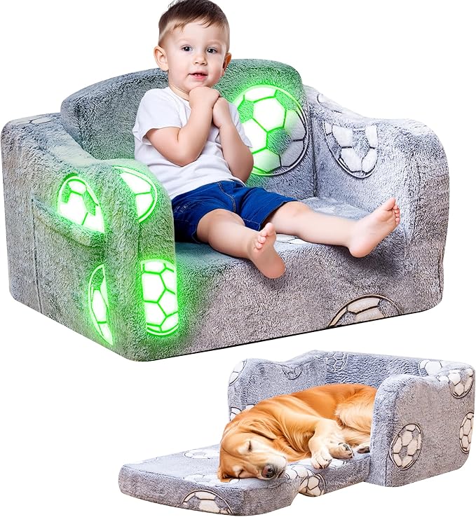 Lamerge 2-in-1 Toddler Couch,Glow in The Dark Baby Floor Bed,Foldable Toddler Chair Kids Sofa for playroom,Convertible Sofa to Lounger for Girls and Boys (Grey and Football)