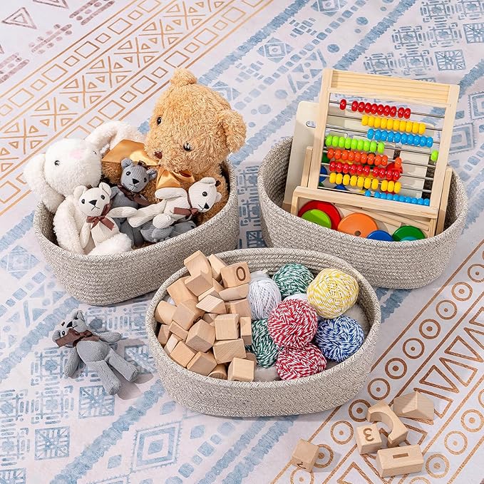 CubesLand Rectangle Organization/Storage Basket, Natural Cotton Rope Woven Baskets for Organizing, Small Basket for Kids, Baby Nursery, Cat Dog Toy Baskets, Organizer Bins for Shelves 3Pc Light Brown