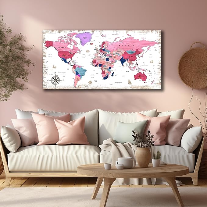 ZHAOSHOP Large World Map Canvas Wall-Art - Wall Decor For Girls Bedroom - Pink pictures Wall Decor Ready To Hang Size 59" x 29"