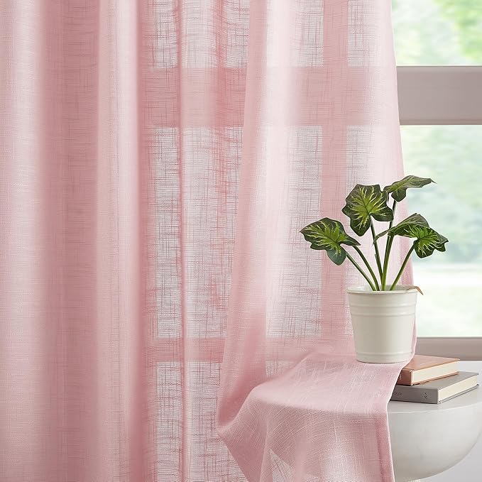 FMFUNCTEX Linen Semi Sheer Curtains for Bedroom, Blush Pink Curtains 72 Inch Length for Living Room, Country Farmhouse Sheer Drapes, Light Filtering Window Curtain, Grommet Top 2 Panels