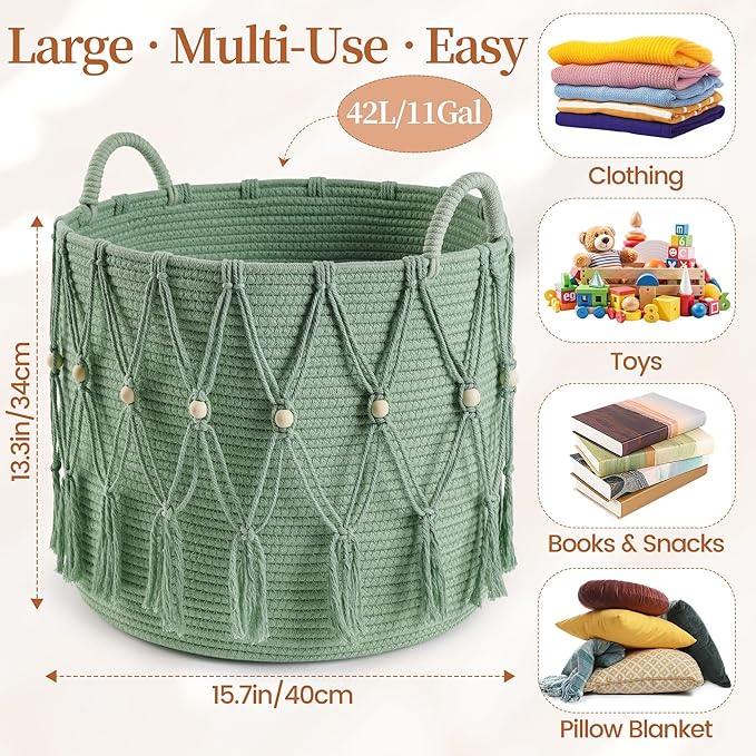 Blanket Basket for Living Room Decor Storage Basket for Toy Organizer Boho Decor Baskets for Modern Farmhouse Decor Small Laundry Basket for Bedroom and Laundry Room Organization,Green