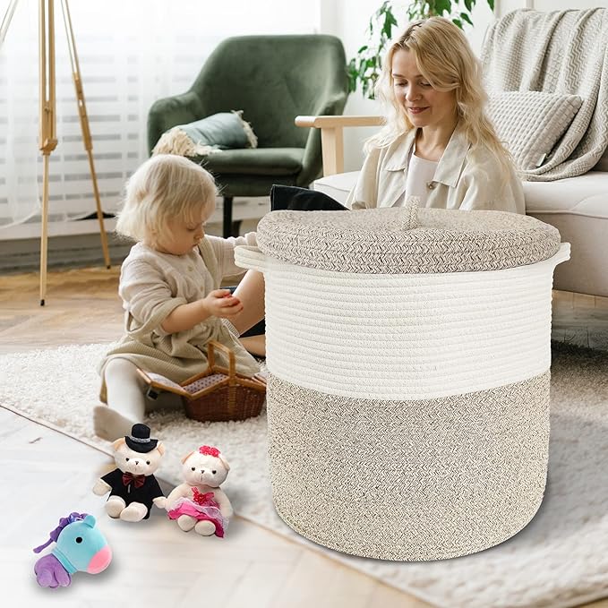 Large Storage Basket with Lid 60L, 16"Wx18"H Woven Laundry Hamper Basket with Handle, Room Decor Cotton Rope Wicker Basket Toy Organizer Bins for Clothes Blankets Pillows, Beige/White Mix includes Lid