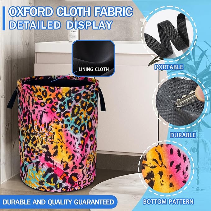 Colorful Leopard Print Laundry Basket Cheetah Oxford Cloth Laundry Hamper With Handle Foldable Portable Clothes Storage Basket 18.9 X 16.5 In Storage Bag For Laundry Room/Bathroom/Bedroom/Dormitories