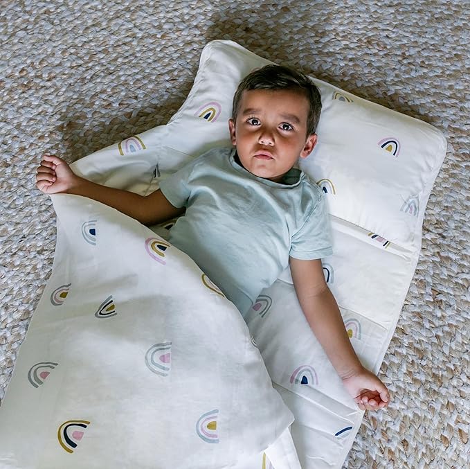 Makemake Organics GOTS Certified Organic Cotton Nap Mat with Detachable Pillow for Kids Soft Sleeping Bag for Toddlers, Boys, Girls - Ideal for Daycare, Preschool, Kindergarten