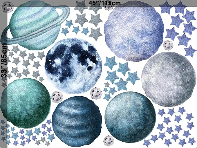 Planets and Stars Wall Decals, Removable Solar System Wall Stickers, Space Wall Décor, Peel and Stick Universe Art Mural Vinyl Sticker for Kids Boys Bedroom Nursery Decoration