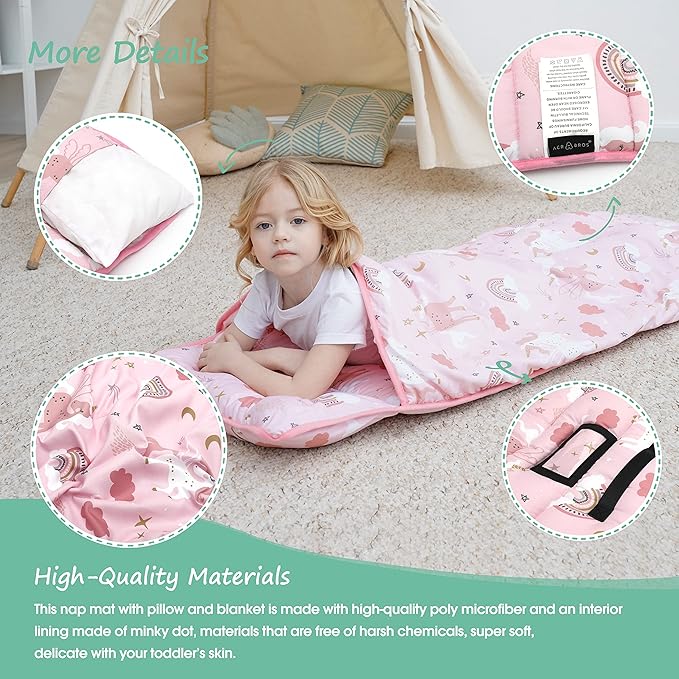 ACRABROS Toddler Nap Mat with Pillow and Blanket, Extra Large Rolled Napping Mats,Slumber Bags for Boys Girls,Kids Sleeping Bag for Daycare, Preschool Travel Camping, Unicorn