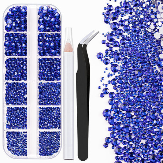 One Pack 2000 Pcs of Flatback Round Royal Blue Rhinestones 6 Sizes (1.5-6 mm) with Nail Art Rhinestone Picker Pencil and Tweezer for DIY and Salon Use