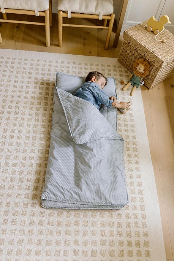 Organic Toddler Nap Mat – 100% Cotton Kids Washable Sleeping Mat & Detachable Pillow – Sleeping Bag with Soft 1.5” Pad – Ideal Nap Mat for Daycare, Preschool, & Sleepovers