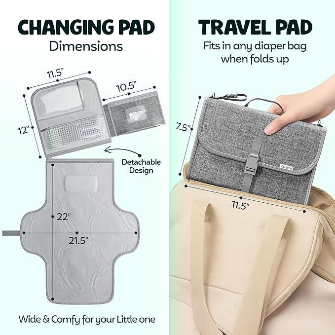 Portable Diaper Changing Pad - Waterproof Travel Diaper Clutch with Wipes Pocket & Storage - Foldable Wipeable Changing Mat for Baby - Newborn Shower Gift - Grey