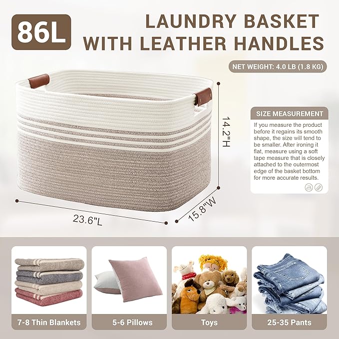 86L Extra Large Laundry Basket with Leather Handles for Living Room Storage, Woven Rope Baskets for Blanket, Kids Toy, Gifts, Wicker Hamper for Bedroom Dirty Clothes, 24"x16"x14" White Brown