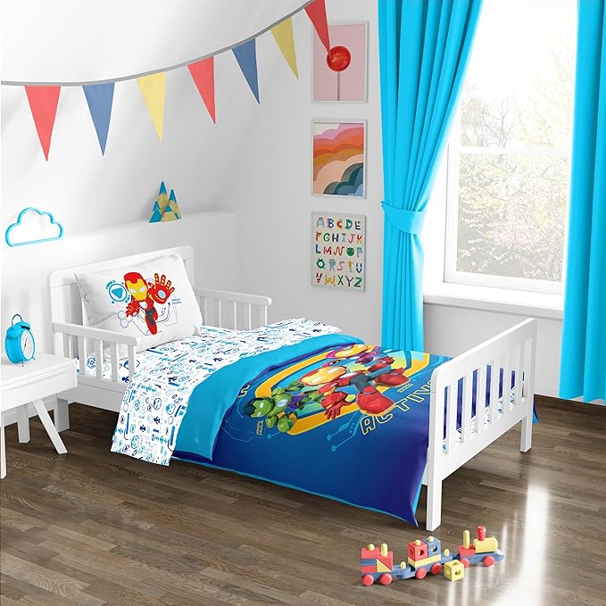 Sunny Side Up Kids Comforter Set Includes Sheets and Pillow Covers - Soft and Cozy Bed Set for Stylish Room Decor, Blue - Iron Man and His Awesome Friends, 4 Piece Toddler Bed Frame Size Bedding