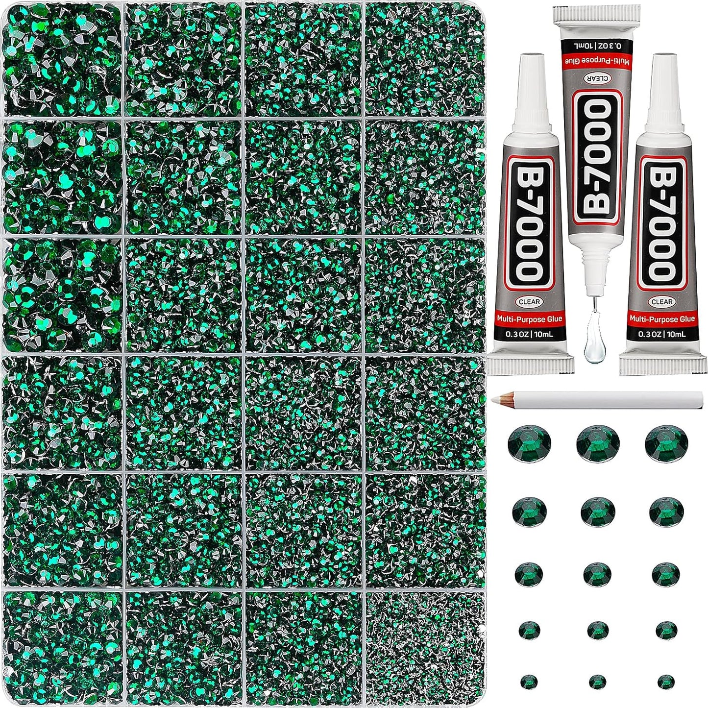 30000Pcs Resin Rhinestones for Crafting Bedazzling, Green Flatback Gems Crystal for Crafts Clothing Shoes Fabric Tumbler Cups, Flat Back Dark Emerald Green Jewels Bulk with b7000 Glue