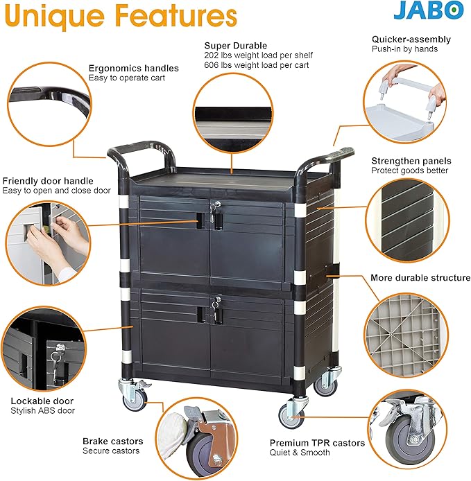 JaboEquip Commercial Heavy Duty Cabinet Rolling Medical Cart, Utility Cart, with 2 Lockable Doors Hospitality School Lab cart Service Cart, JB-3D2, Black Color