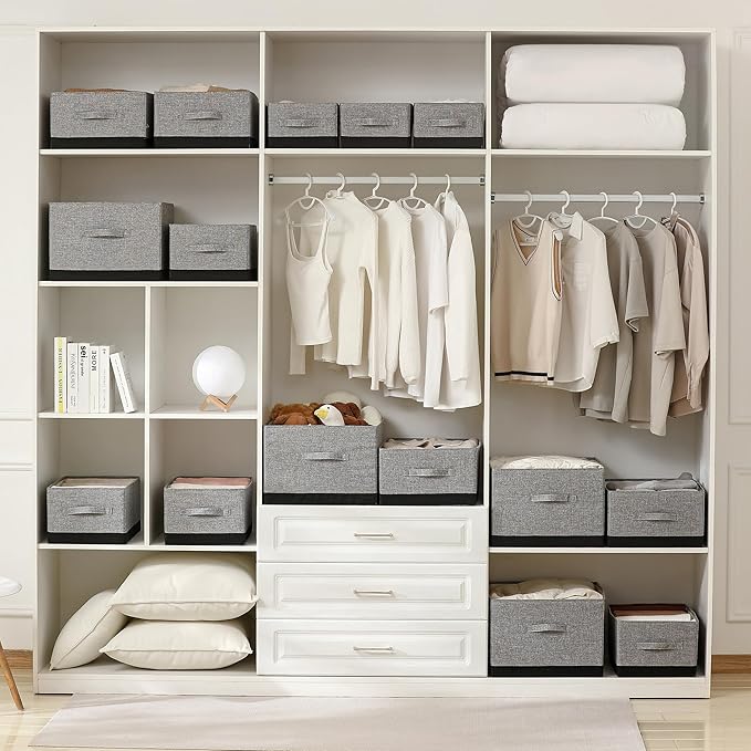 Linen Folding Storage Bins, 3 Pack Large Storage Baskets, Washable, Clothing Storage Bins with Handle, Closet Organizer for Storage Sweater,Sheets (gray black, 18½"x13½"x8½")