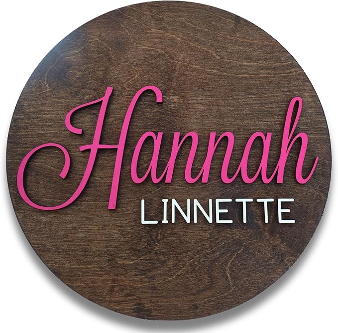 Custom Round Nusery Name Sign, Personalized 3D Baby Name Announcement Sign, Personalized Wooden Wall Plaque, 3D Wall Art for Children & Kids Rooms, Family Name Signs, 30 Colors (Design 3)
