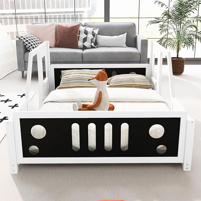 Full Car Bed, Full Size Kids Bed, Classic Car-Shaped Platform Bed with Wheels, Wood Full Montessori Bed, Full Floor Bed Frame for Boy Girls, White+Black