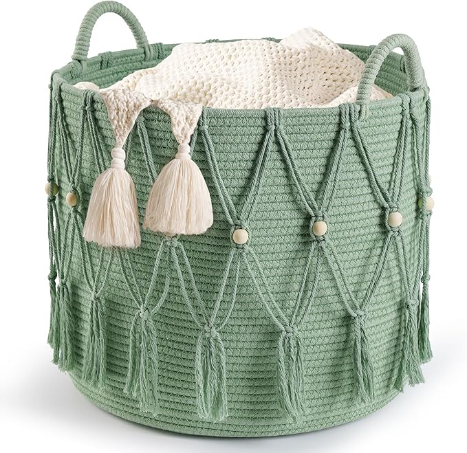 Blanket Basket for Living Room Decor Storage Basket for Toy Organizer Boho Decor Baskets for Modern Farmhouse Decor Small Laundry Basket for Bedroom and Laundry Room Organization,Green